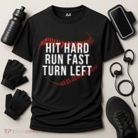 Hit Hard Run Fast Turn Left Funny Baseball Cooling Performance Crew T-Shirt thumb 3