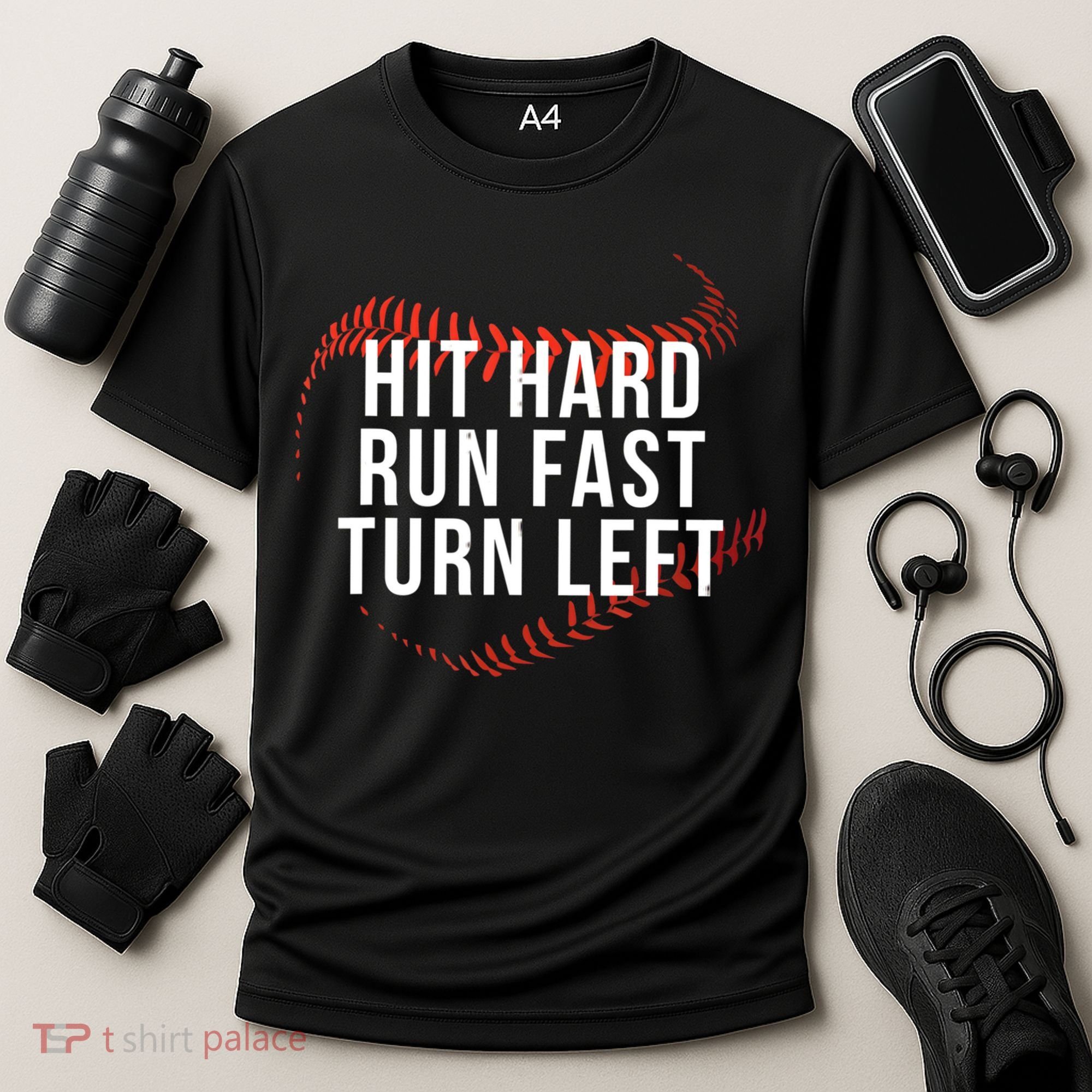 Hit Hard Run Fast Turn Left Funny Baseball Cooling Performance Crew T-Shirt