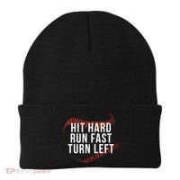 Hit Hard Run Fast Turn Left Funny Baseball Beanie thumb 0