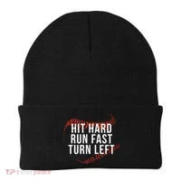 Hit Hard Run Fast Turn Left Funny Baseball Beanie thumb 0