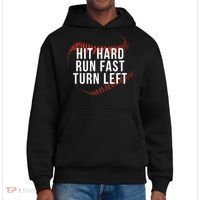 Hit Hard Run Fast Turn Left Funny Baseball District V.I.T. Heavyweight Hoodie thumb 0