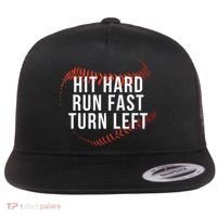 Hit Hard Run Fast Turn Left Funny Baseball Flat Bill Trucker Hat thumb 0