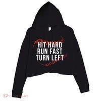 Hit Hard Run Fast Turn Left Funny Baseball Crop Fleece Hoodie thumb 0