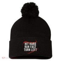 Hit Hard Run Fast Turn Left Funny Baseball Pom Pom 12in Knit Beanie thumb 0