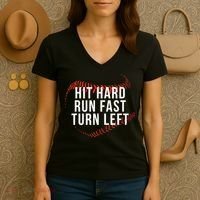 Hit Hard Run Fast Turn Left Funny Baseball Women's V-Neck T-Shirt thumb 3