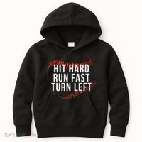 Hit Hard Run Fast Turn Left Funny Baseball Kids Hoodie thumb 0