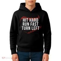 Hit Hard Run Fast Turn Left Funny Baseball Kids Hoodie thumb 4