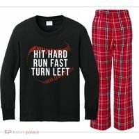Hit Hard Run Fast Turn Left Funny Baseball Kids Long Sleeve Plaid Pajama Set thumb 0