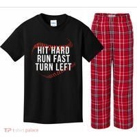 Hit Hard Run Fast Turn Left Funny Baseball Kids Plaid Pajama Set thumb 0