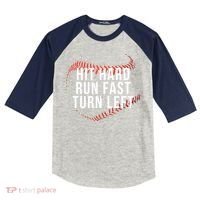 Hit Hard Run Fast Turn Left Funny Baseball Kids Colorblock Raglan Jersey thumb 0