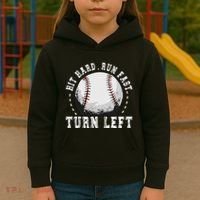 Hit Hard Run Fast Turn Left Baseball Player Kids Hoodie thumb 3