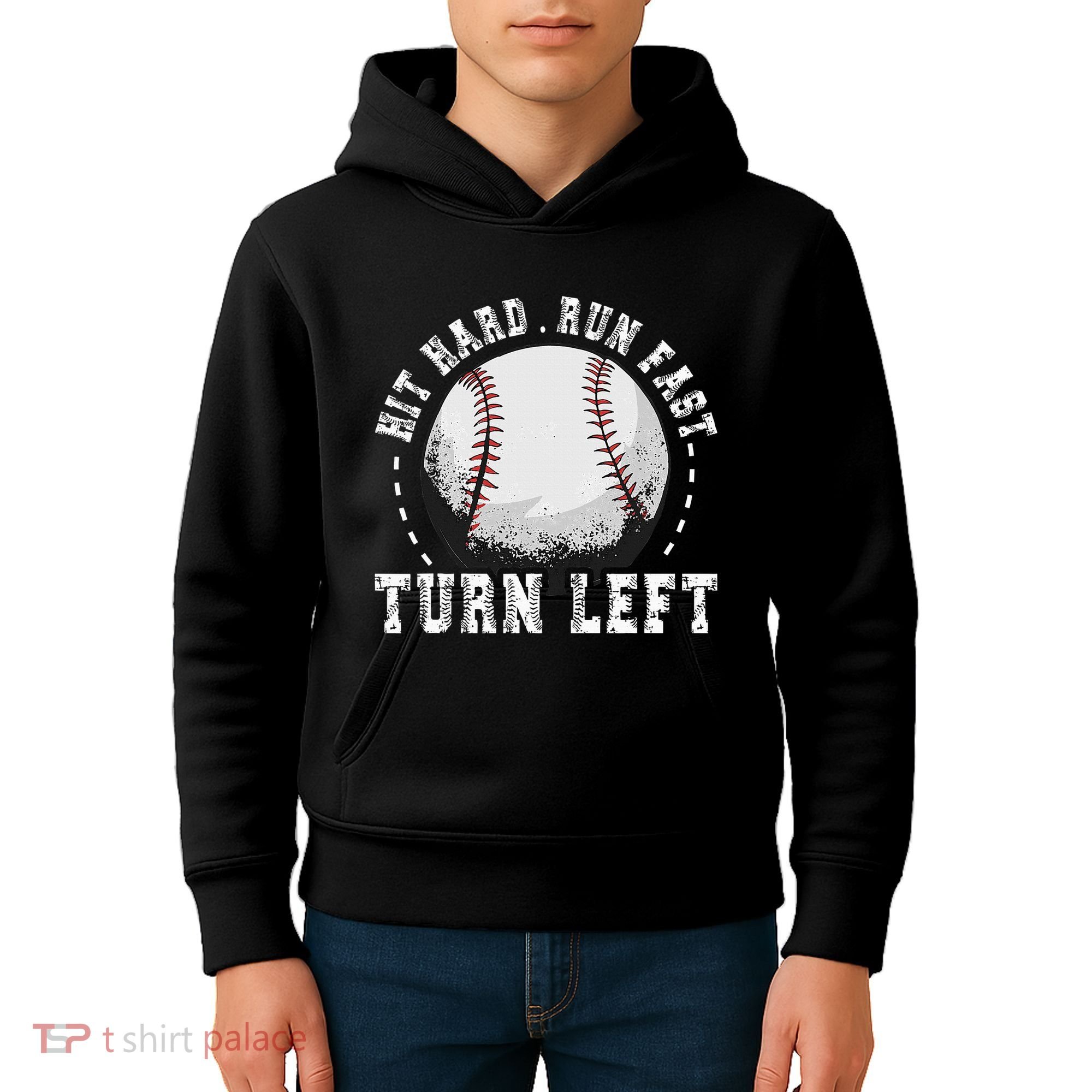 Hit Hard Run Fast Turn Left Baseball Player Kids Hoodie