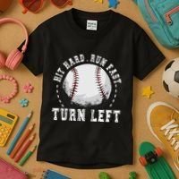 Hit Hard Run Fast Turn Left Baseball Player Kids T-Shirt thumb 3