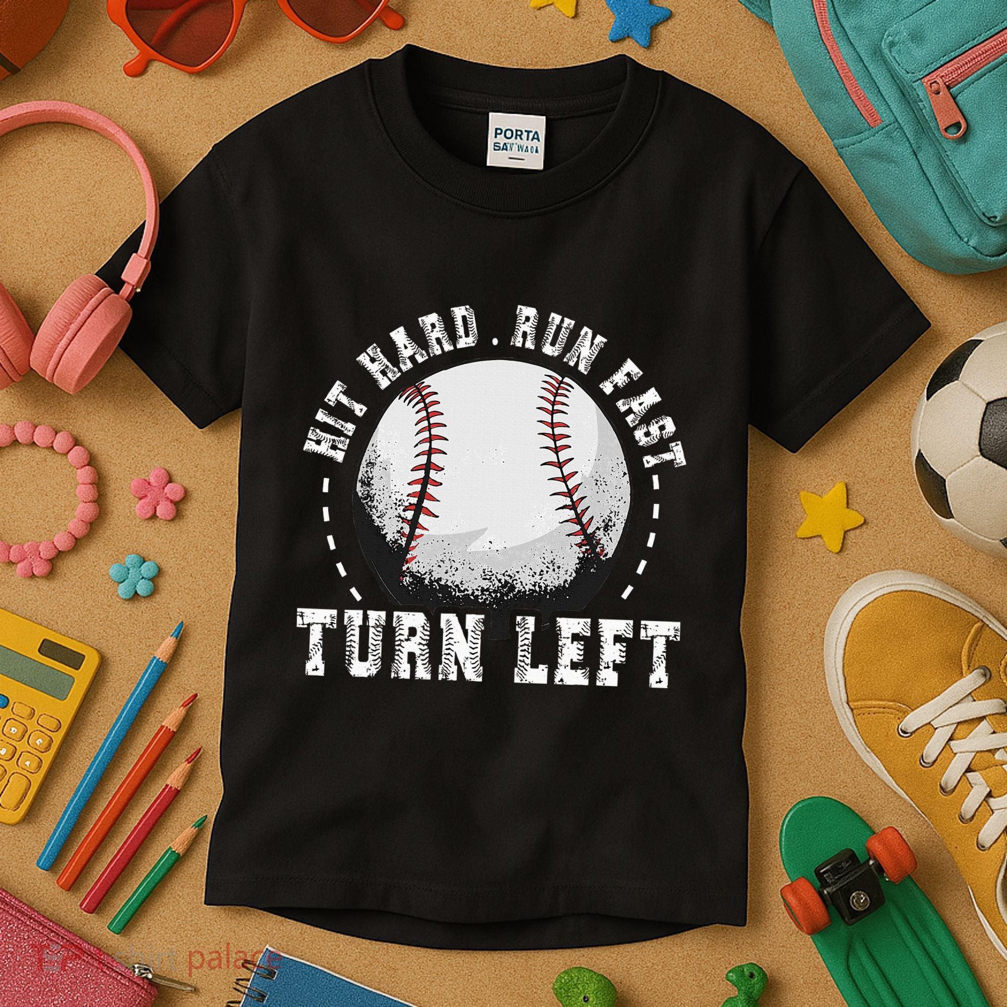 Hit Hard Run Fast Turn Left Baseball Player Kids T-Shirt