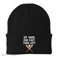 Hit Hard Run Fast Turn Left Baseball Softball Fan Beanie thumb 0