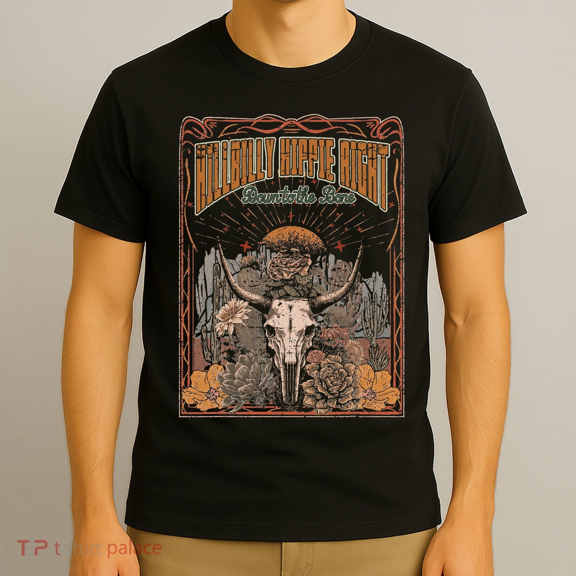 Hillbilly Hippie Right Down To The Bone Bullskull Country T-Shirt