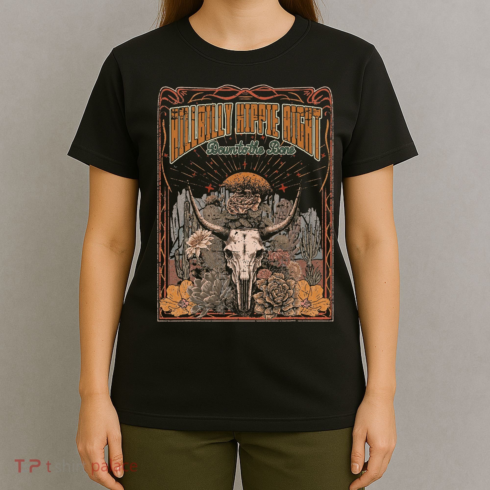 Hillbilly Hippie Right Down To The Bone Bullskull Country T-Shirt