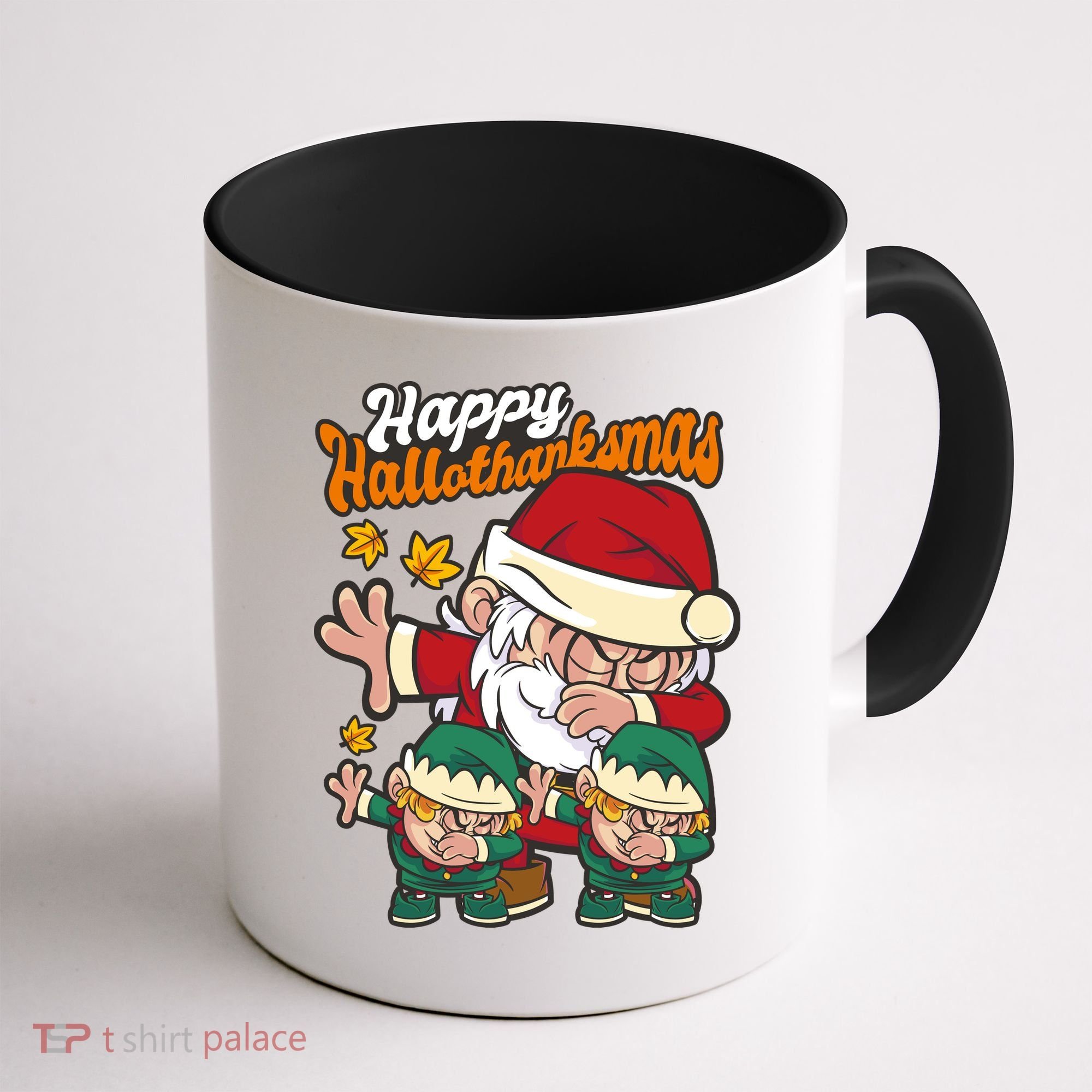Happy Hallotthanksmas Santa And His Elves Coffee Mug