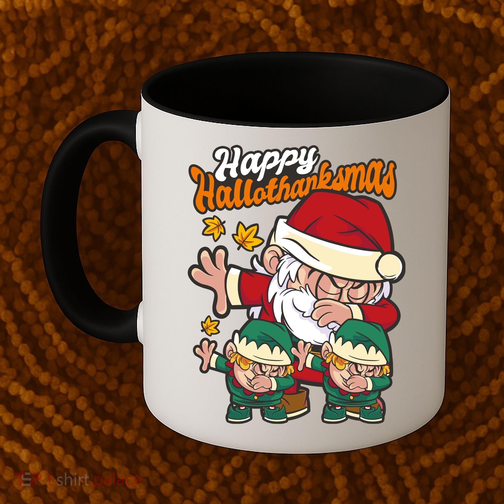 Happy Hallotthanksmas Santa And His Elves Coffee Mug