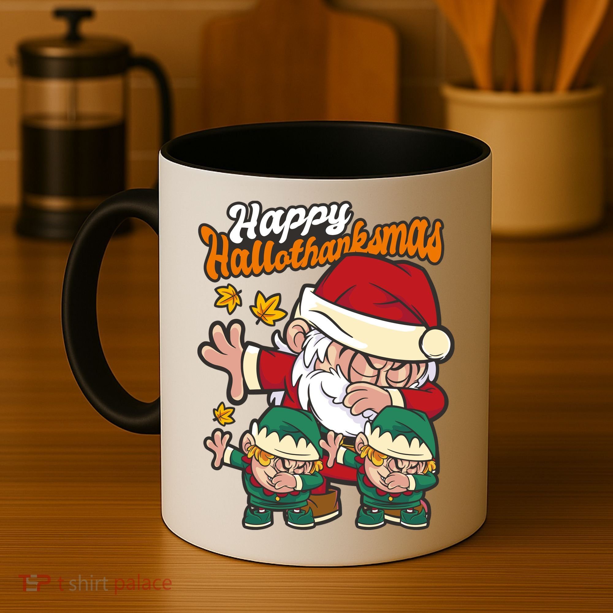 Happy Hallotthanksmas Santa And His Elves Coffee Mug