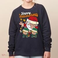 Happy Hallotthanksmas Santa And His Elves Women's Sweatshirt thumb 0