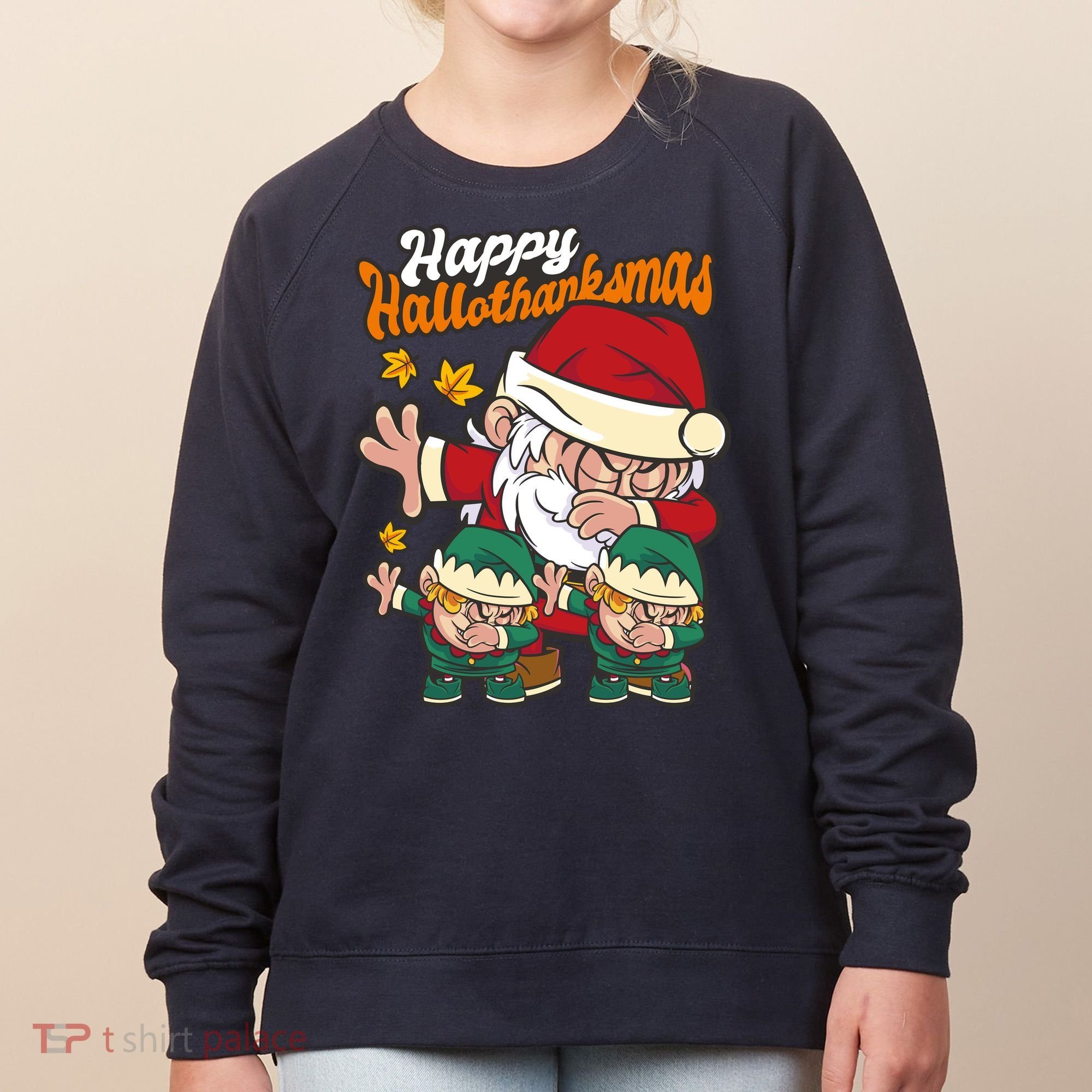 Happy Hallotthanksmas Santa And His Elves Women's Sweatshirt