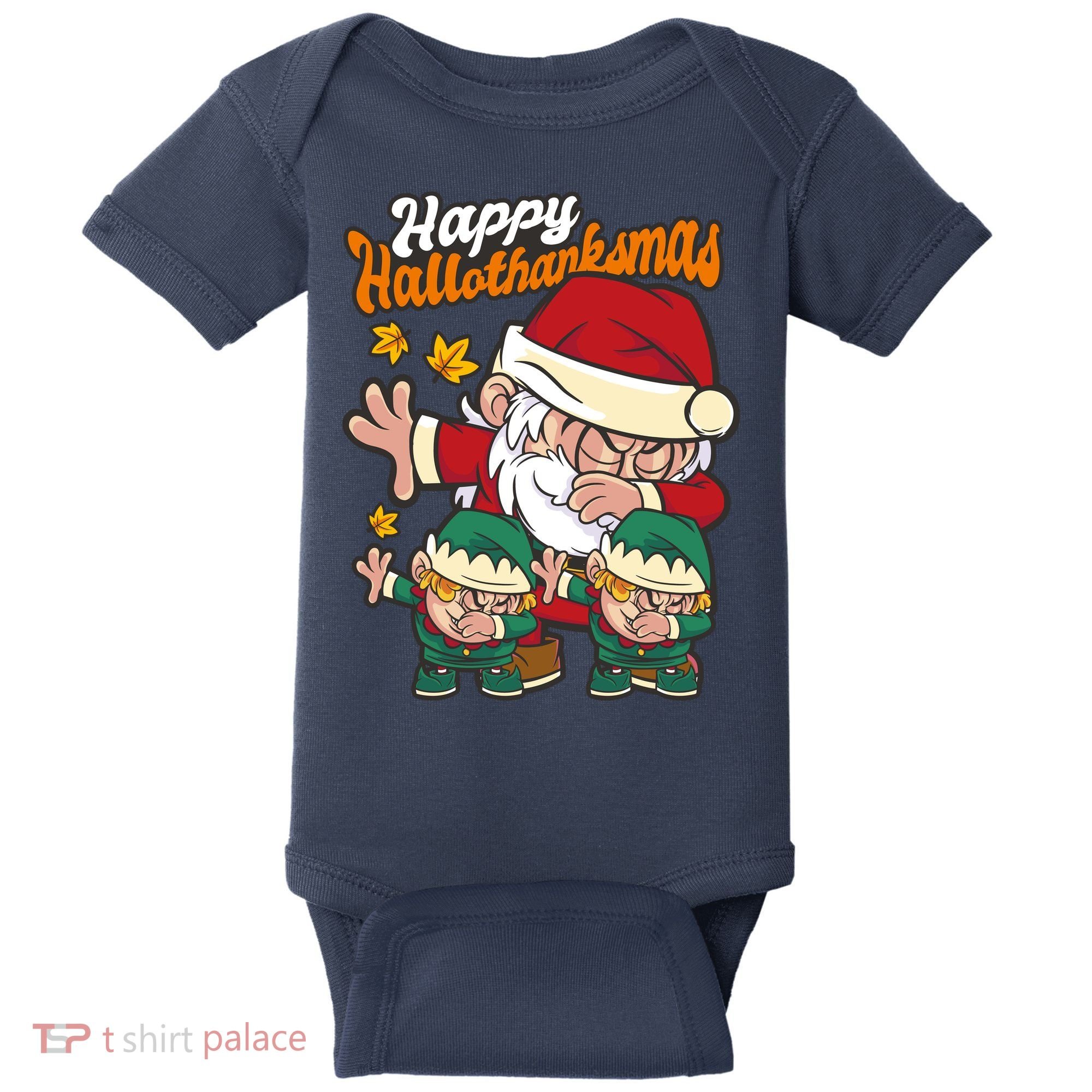 Happy Hallotthanksmas Santa And His Elves Baby Bodysuit