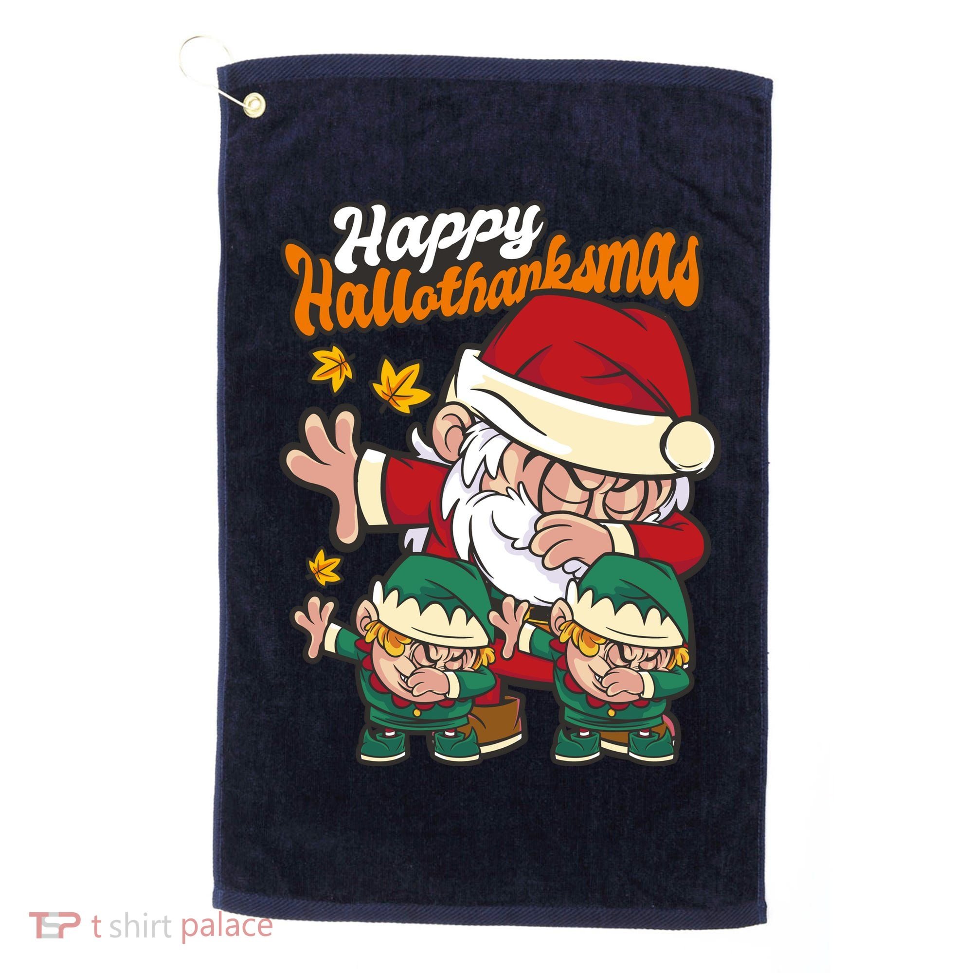 Happy Hallotthanksmas Santa And His Elves Golf Towel