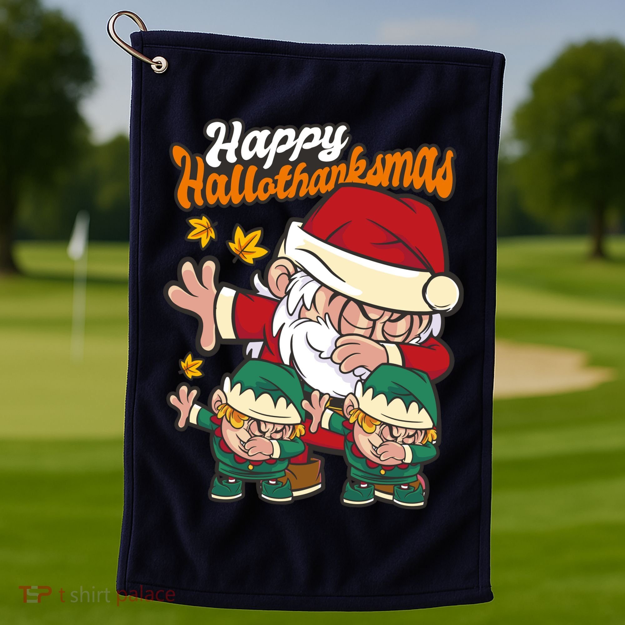 Happy Hallotthanksmas Santa And His Elves Golf Towel