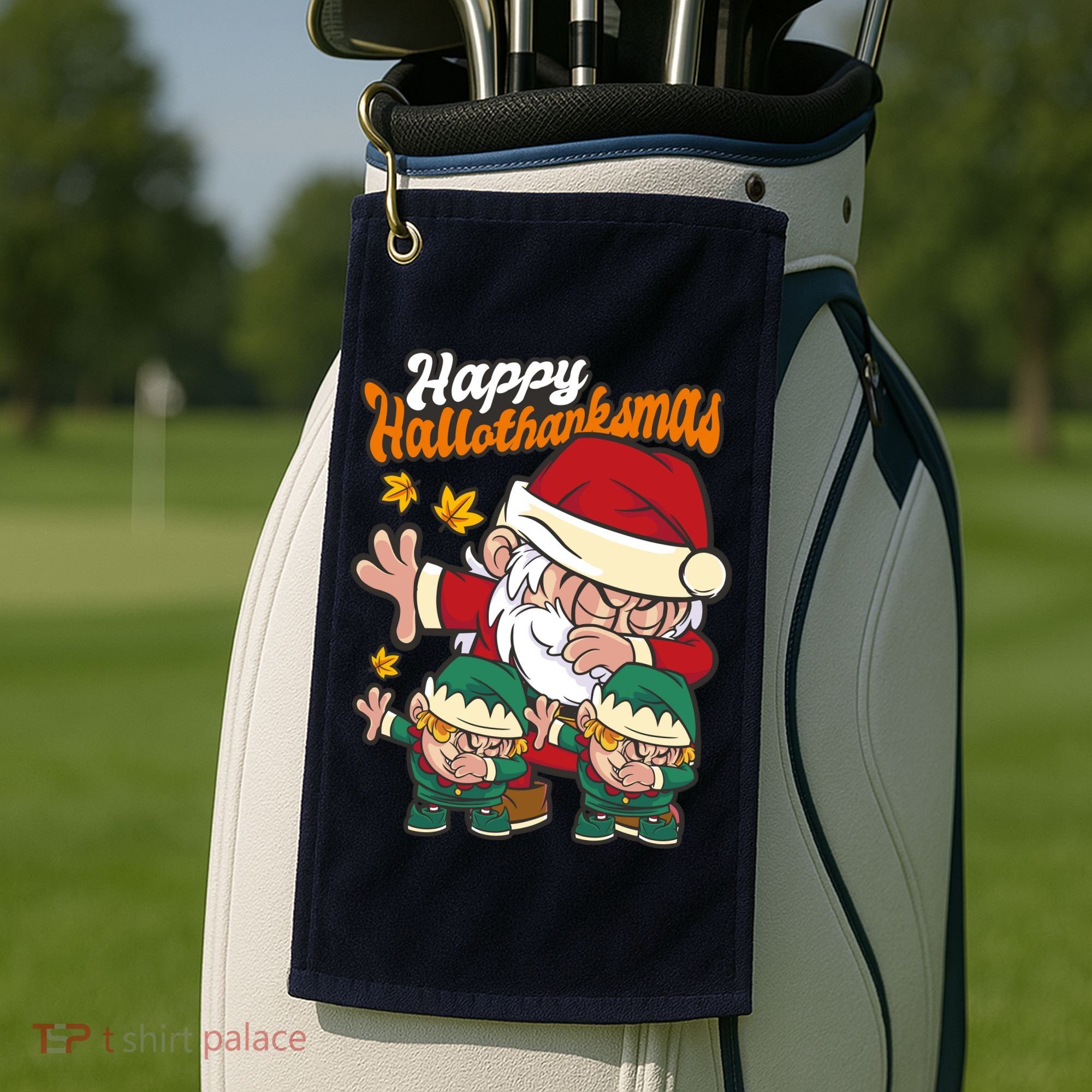 Happy Hallotthanksmas Santa And His Elves Golf Towel