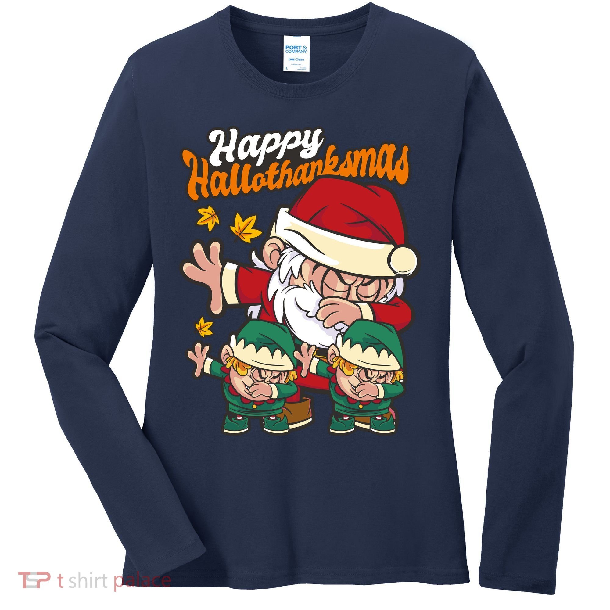 Happy Hallotthanksmas Santa And His Elves Women's Long Sleeve Shirt
