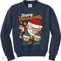 Happy Hallotthanksmas Santa And His Elves Kids Sweatshirt thumb 0