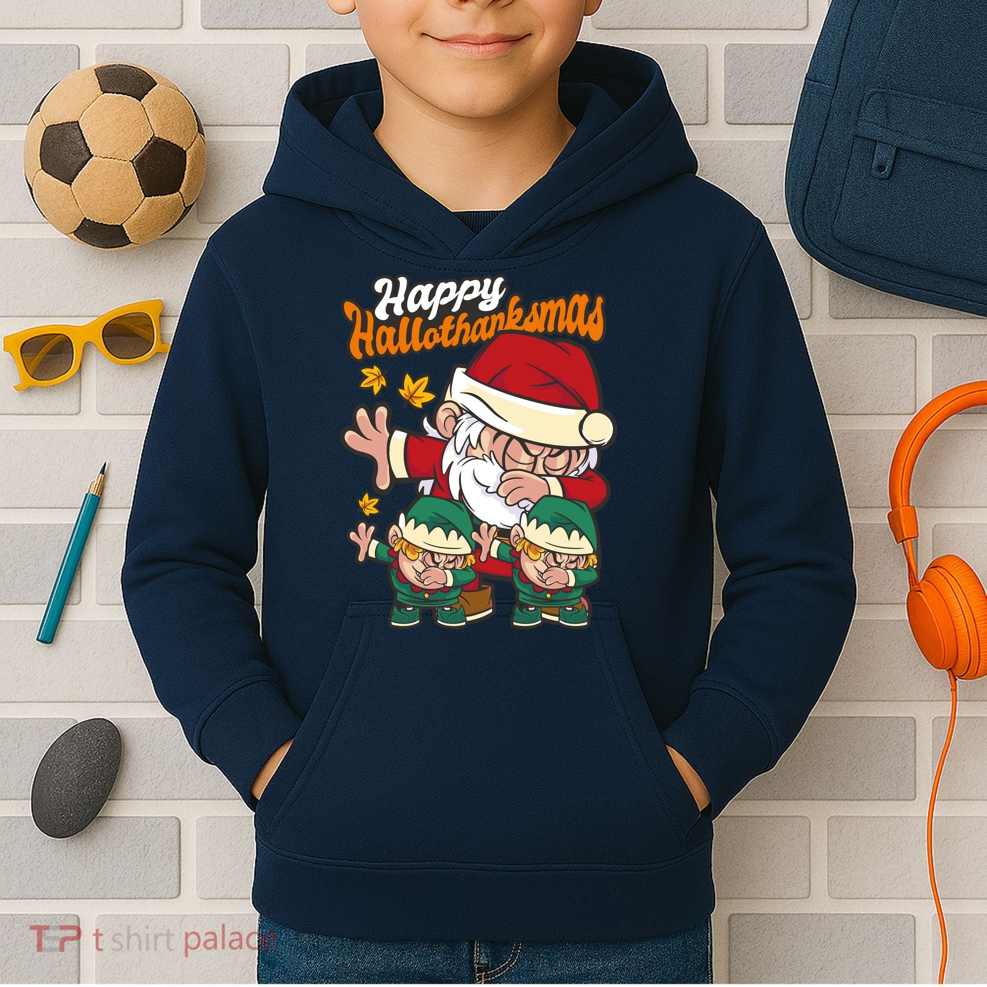 Happy Hallotthanksmas Santa And His Elves Kids Hoodie