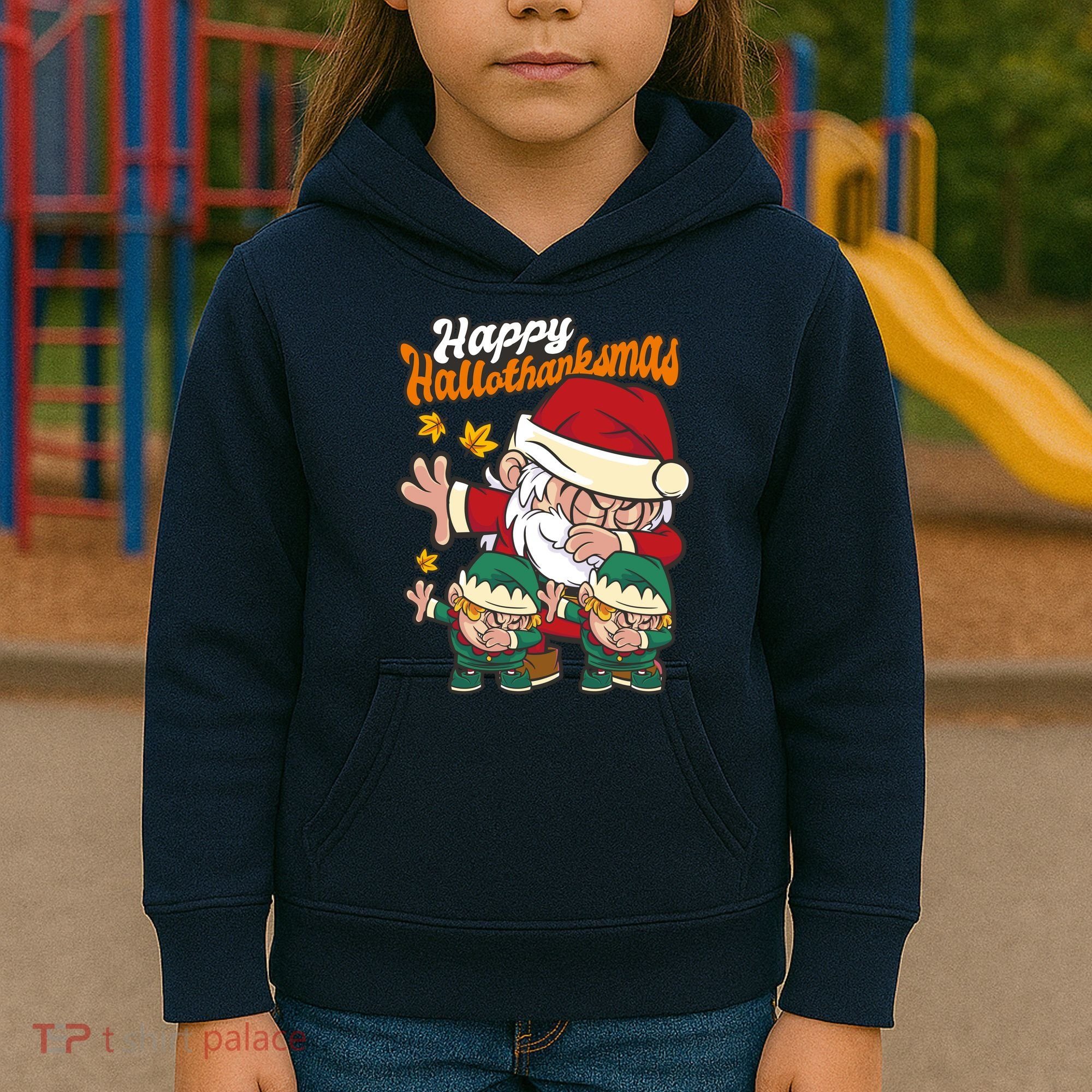 Happy Hallotthanksmas Santa And His Elves Kids Hoodie