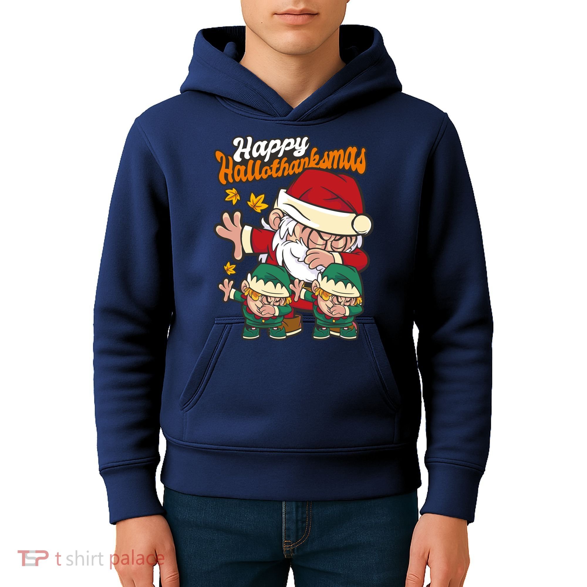 Happy Hallotthanksmas Santa And His Elves Kids Hoodie