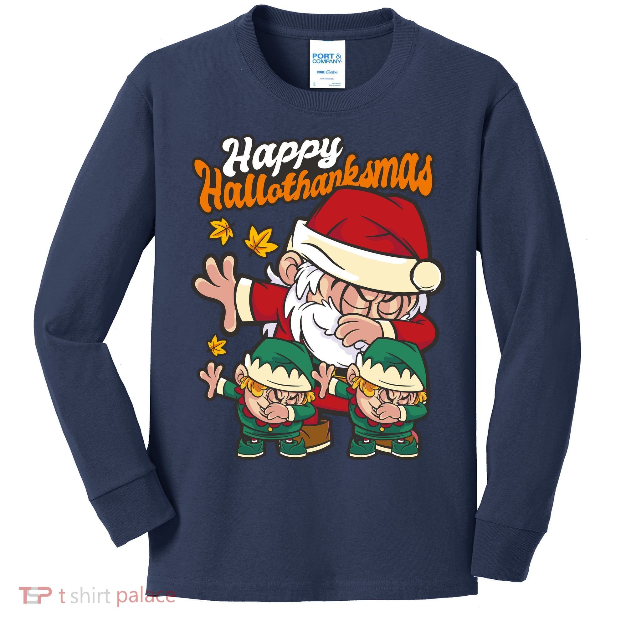 Happy Hallotthanksmas Santa And His Elves Kids Long Sleeve Shirt