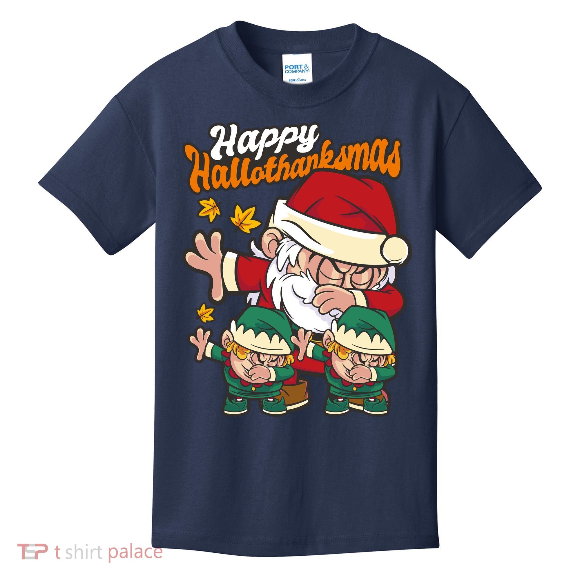Happy Hallotthanksmas Santa And His Elves Kids T-Shirt