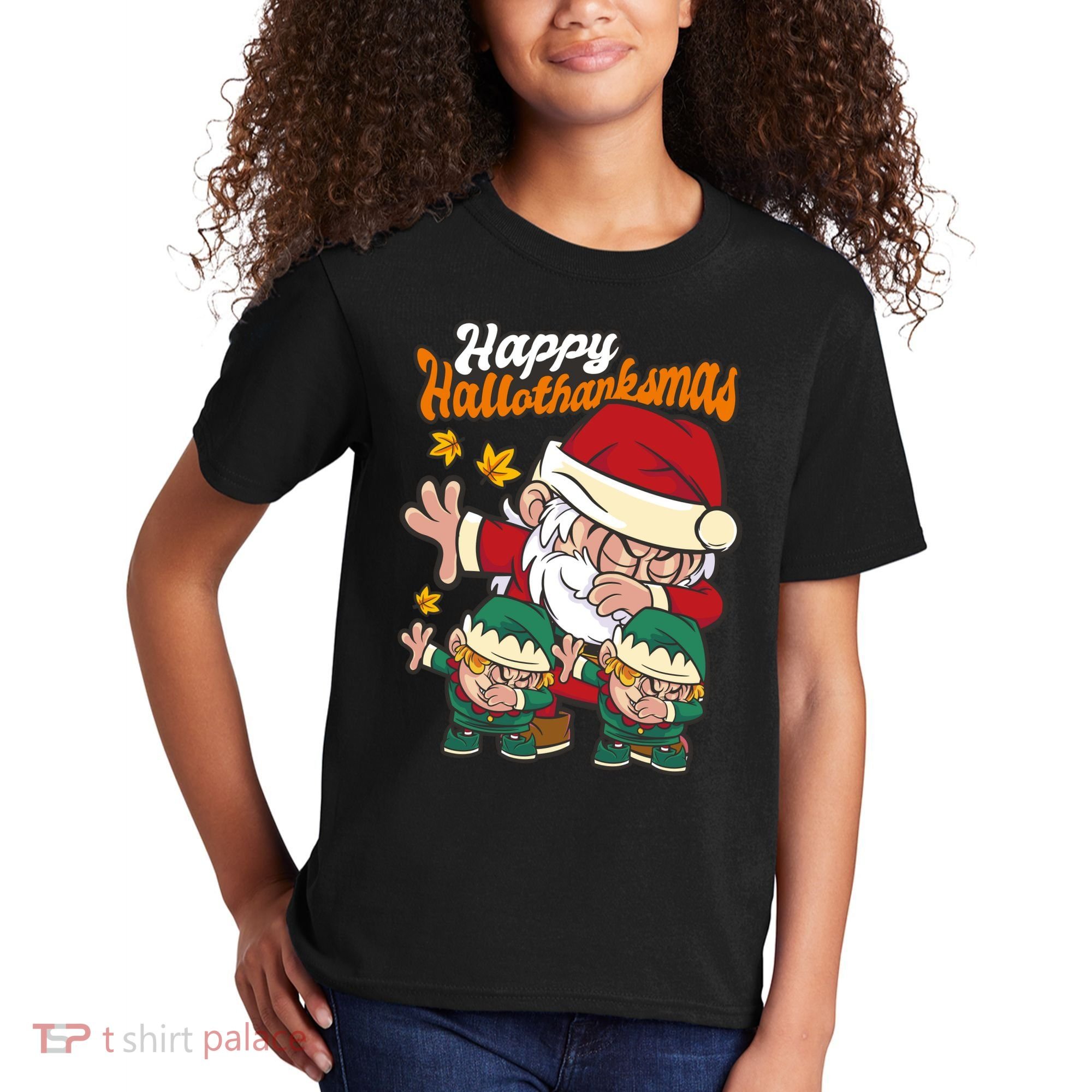 Happy Hallotthanksmas Santa And His Elves Kids T-Shirt