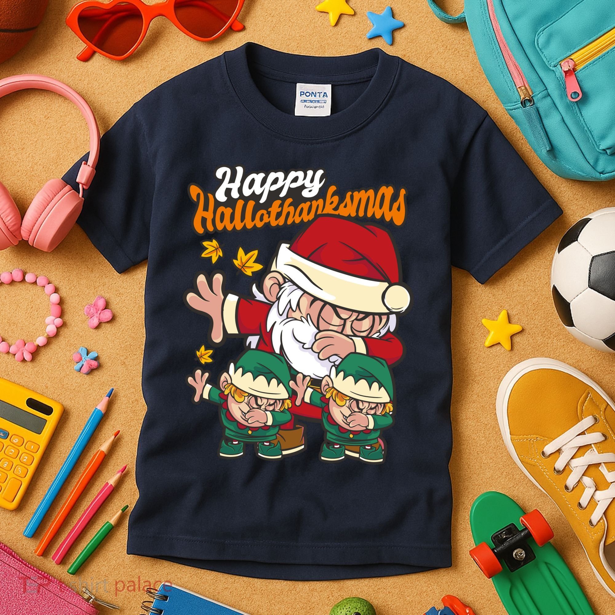 Happy Hallotthanksmas Santa And His Elves Kids T-Shirt