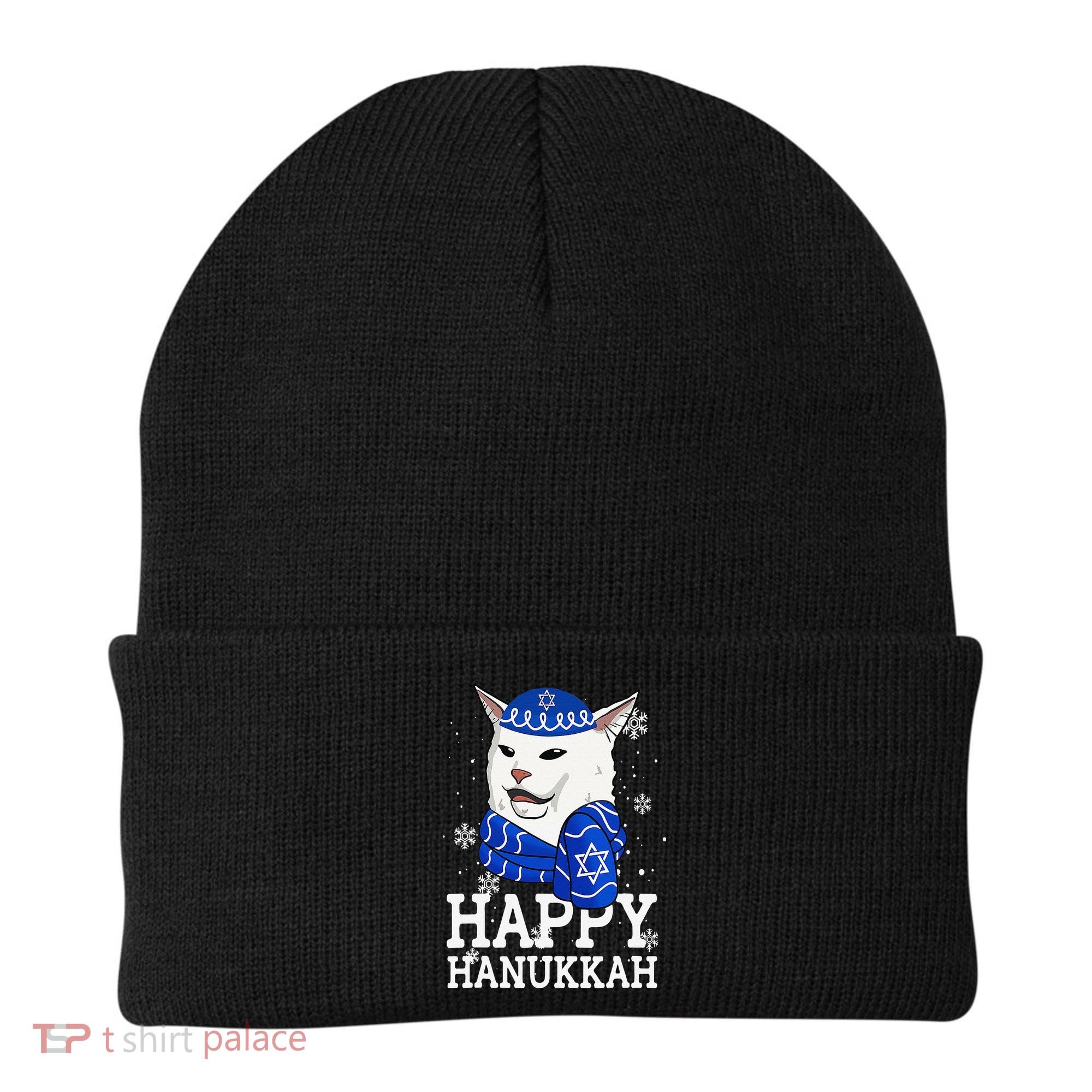 Happy Hanukkah Smudge Cat Meme Funny Holiday Ugly Christmas Beanie
