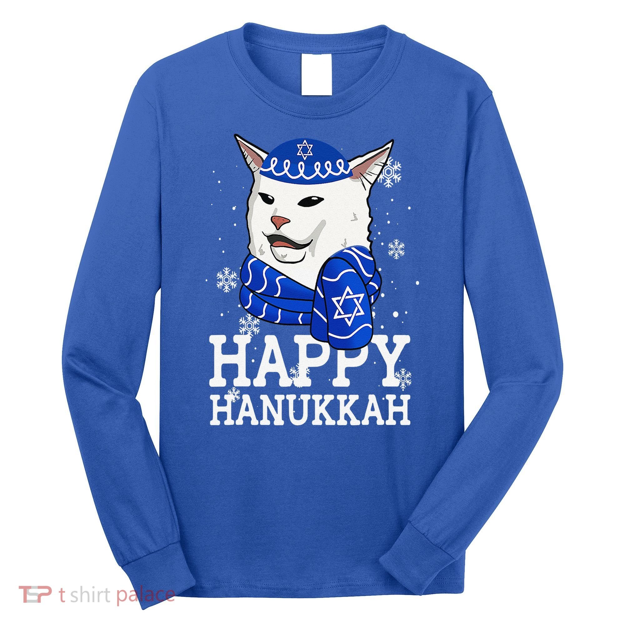 Happy Hanukkah Smudge Cat Meme Funny Holiday Ugly Christmas Long Sleeve Shirt