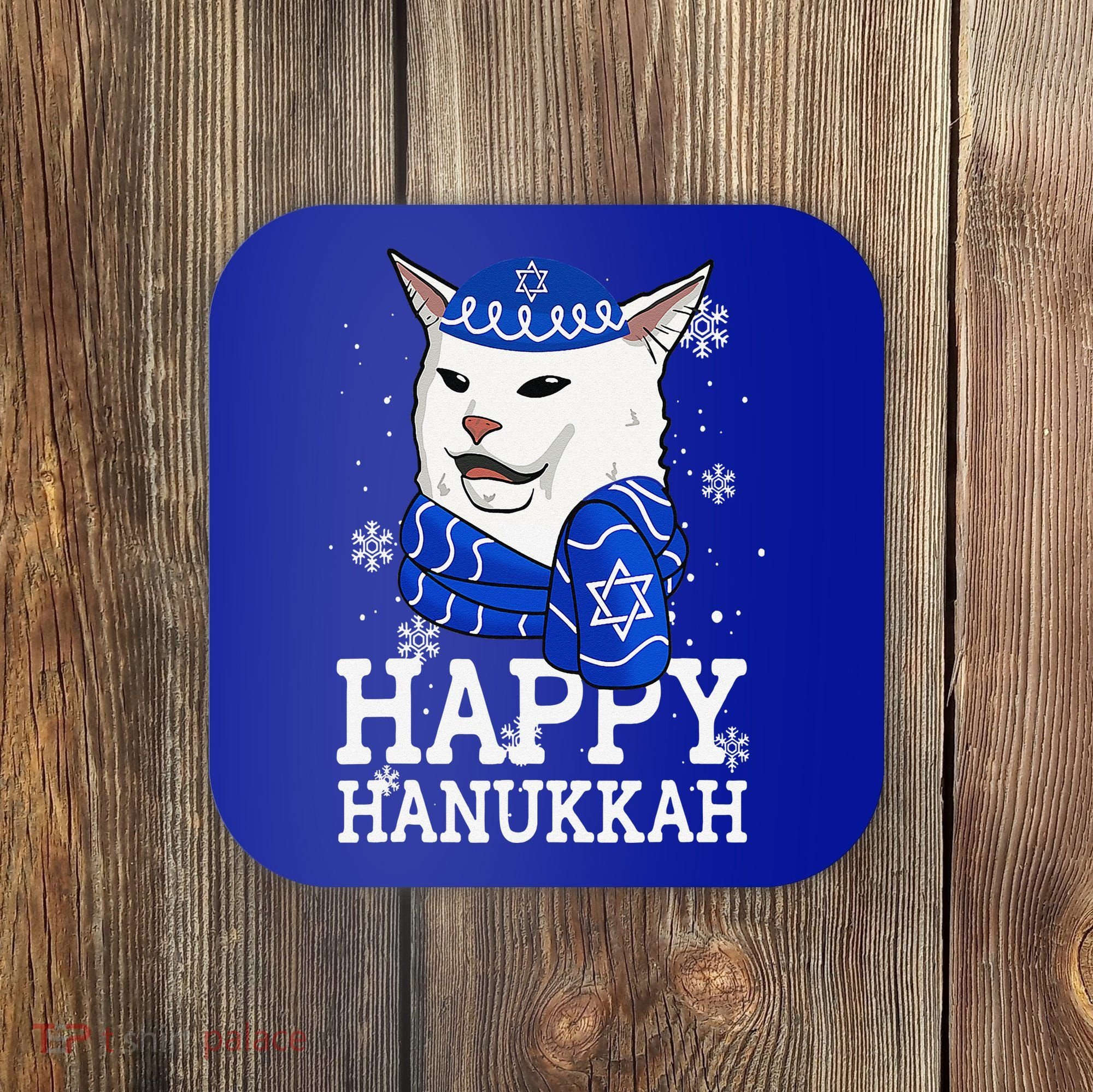 Happy Hanukkah Smudge Cat Meme Funny Holiday Ugly Christmas Coaster