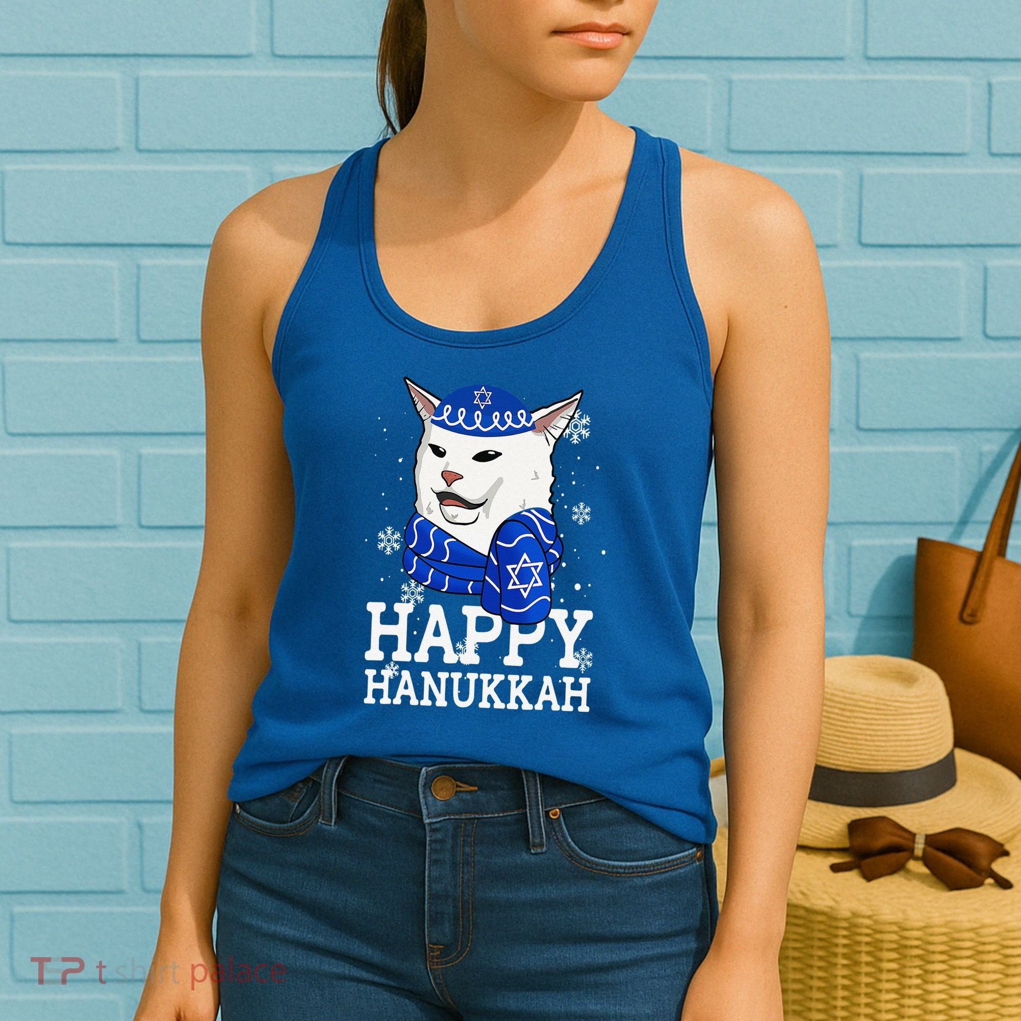 Happy Hanukkah Smudge Cat Meme Funny Holiday Ugly Christmas Women's Tank Top