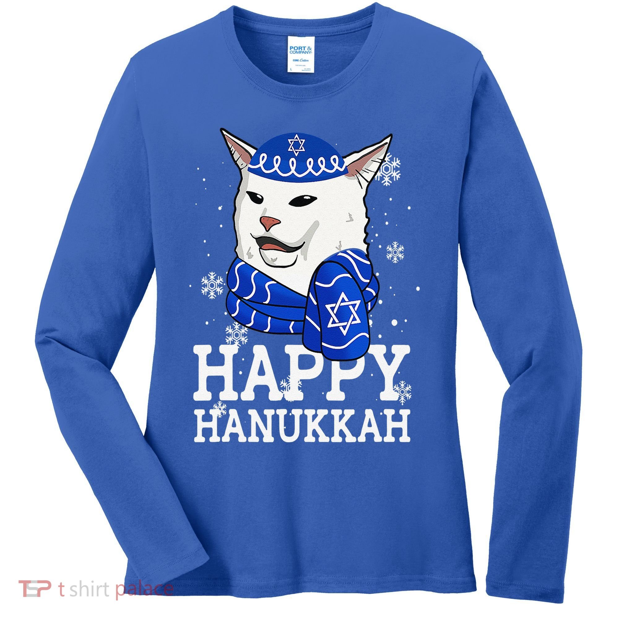 Happy Hanukkah Smudge Cat Meme Funny Holiday Ugly Christmas Women's Long Sleeve Shirt