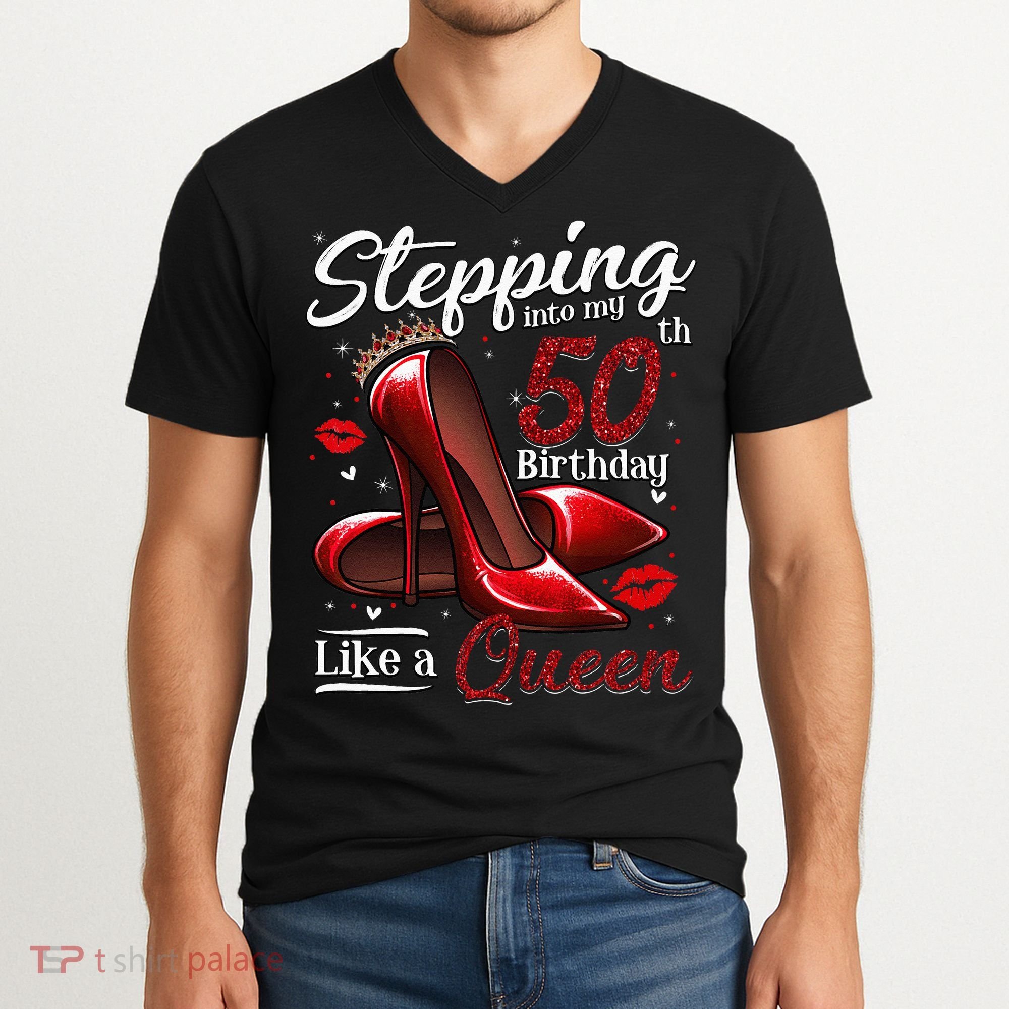 High Heels Stepping Into My 50th Birthday 50 And Fabulous V-Neck T-Shirt