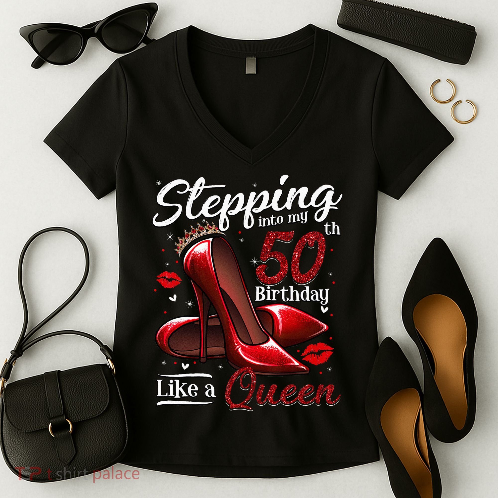 High Heels Stepping Into My 50th Birthday 50 And Fabulous Women's V-Neck T-Shirt