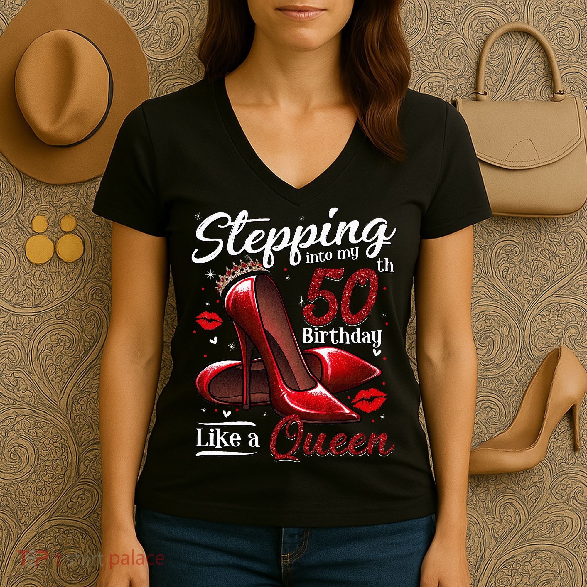 High Heels Stepping Into My 50th Birthday 50 And Fabulous Women's V-Neck T-Shirt