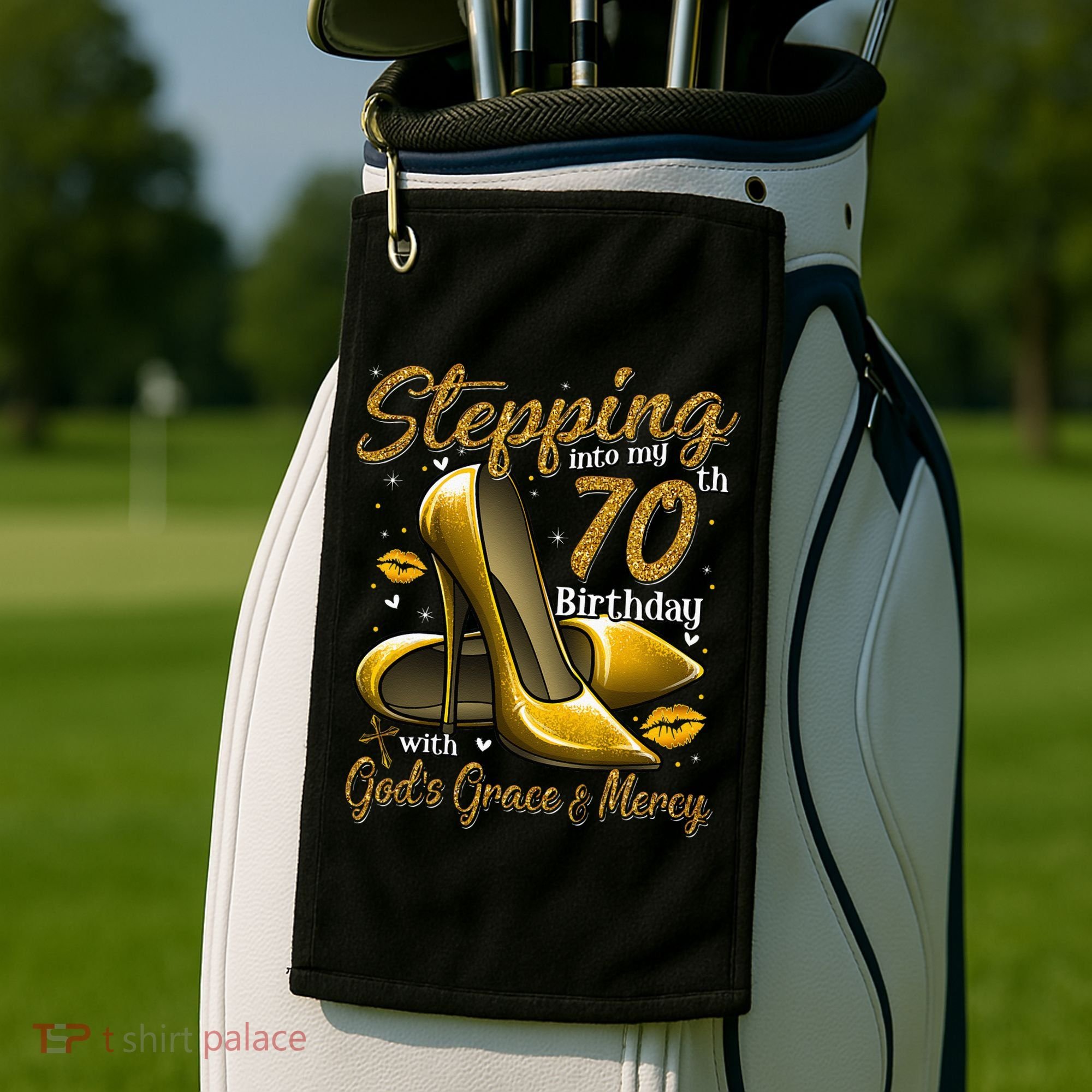 High Heels Stepping Into My 70th Birthday 70 And Fabulous Golf Towel