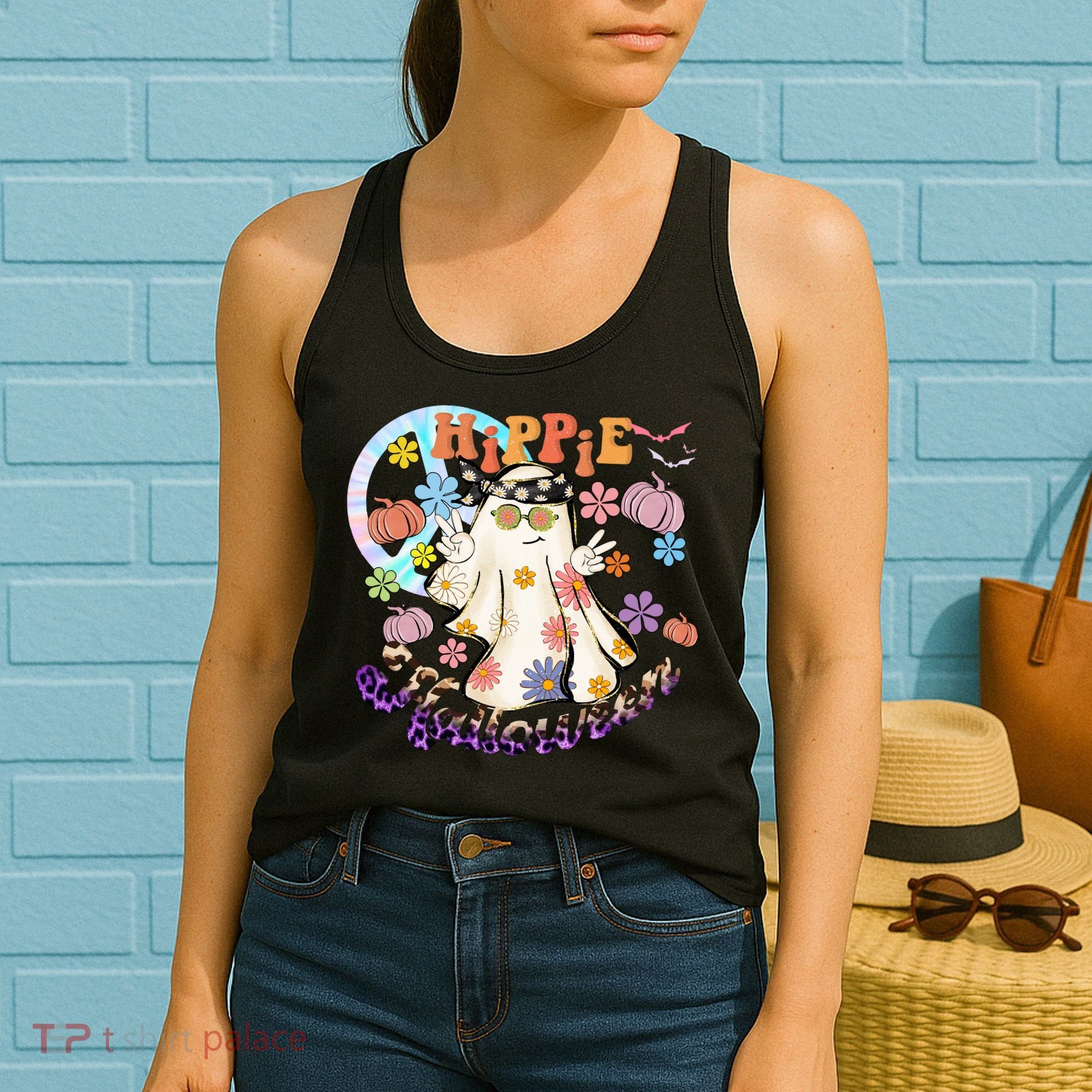 Hippie Halloween Spooky Floral Graphic Best Funny Halloween Shirts Women's Tank Top