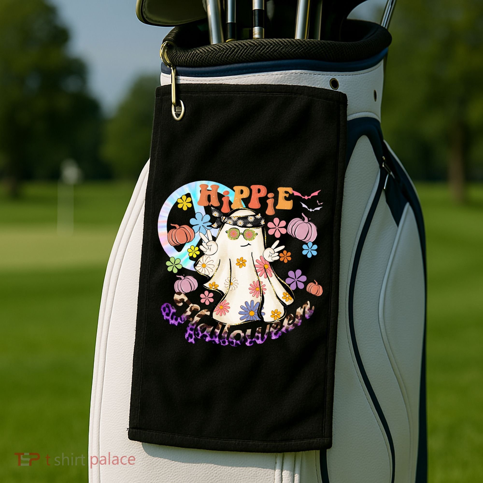 Hippie Halloween Spooky Floral Graphic Best Funny Halloween Shirts Golf Towel